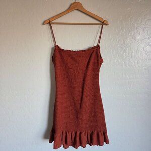 Abercrombie & Fitch Smocked Linen Blend Mini Tie Back Dress Rust Size L Cut Out